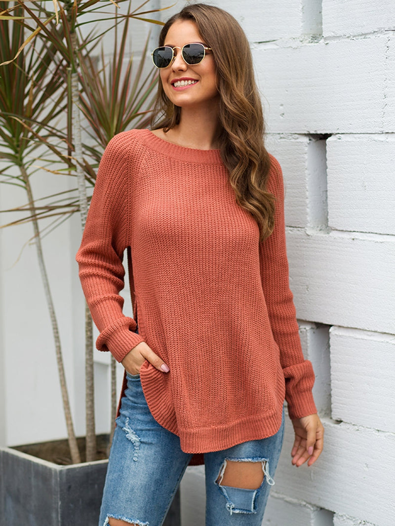 Round Neck Curved Hem Sweater