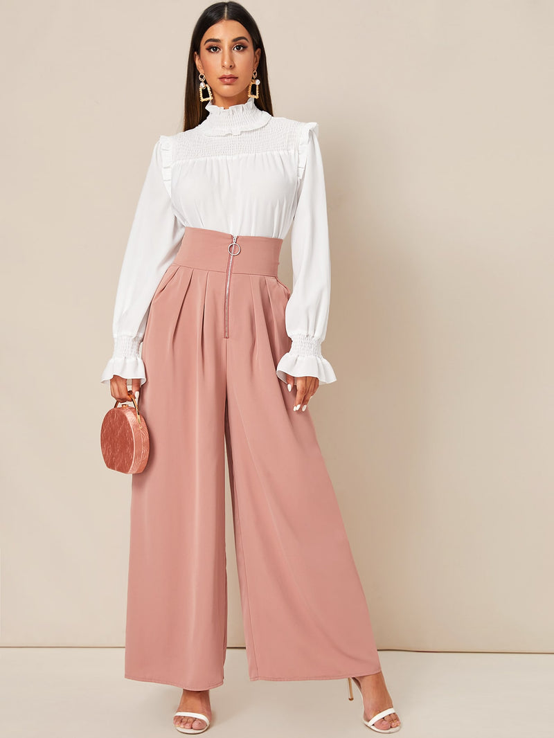  Zipper Fly Fold Pleated Palazzo Pants