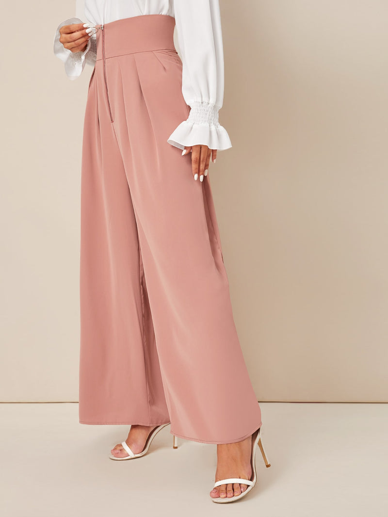 Zipper Fly Fold Pleated Palazzo Pants