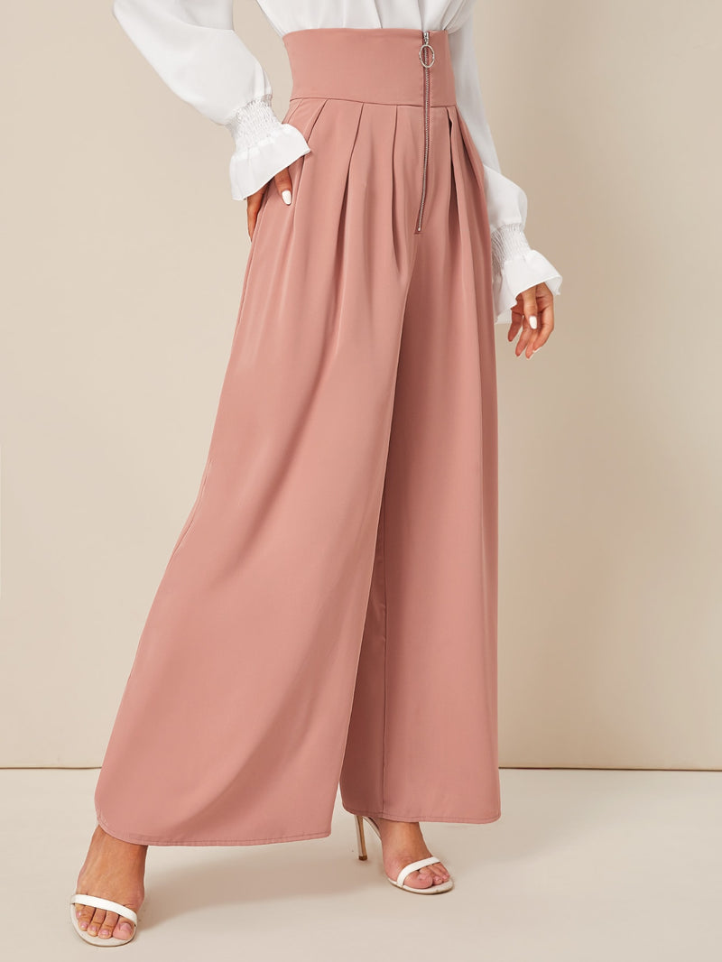  Zipper Fly Fold Pleated Palazzo Pants