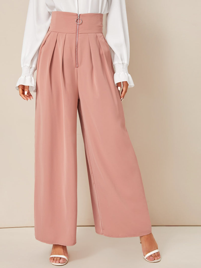  Zipper Fly Fold Pleated Palazzo Pants