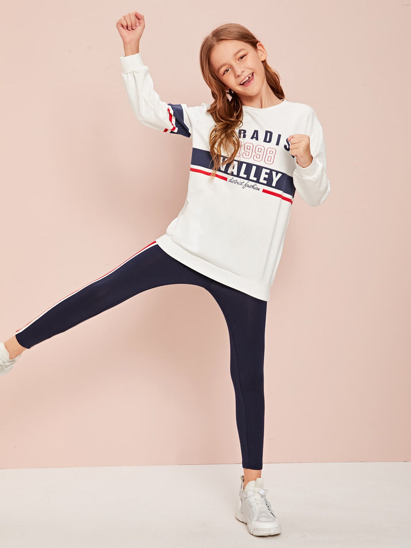 Graphic Pullover & Side Striped Leggings Set