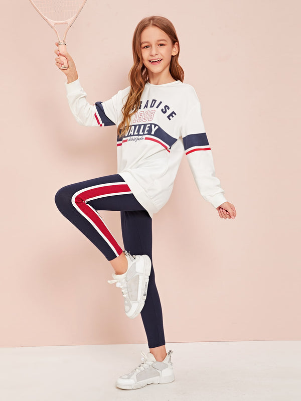 Graphic Pullover & Side Striped Leggings Set