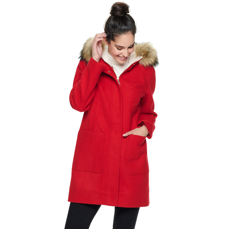 Women's Nine West Hooded Faux-Fur Trim Wool Blend Coat