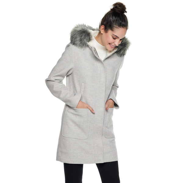 Women's Nine West Hooded Faux-Fur Trim Wool Blend Coat