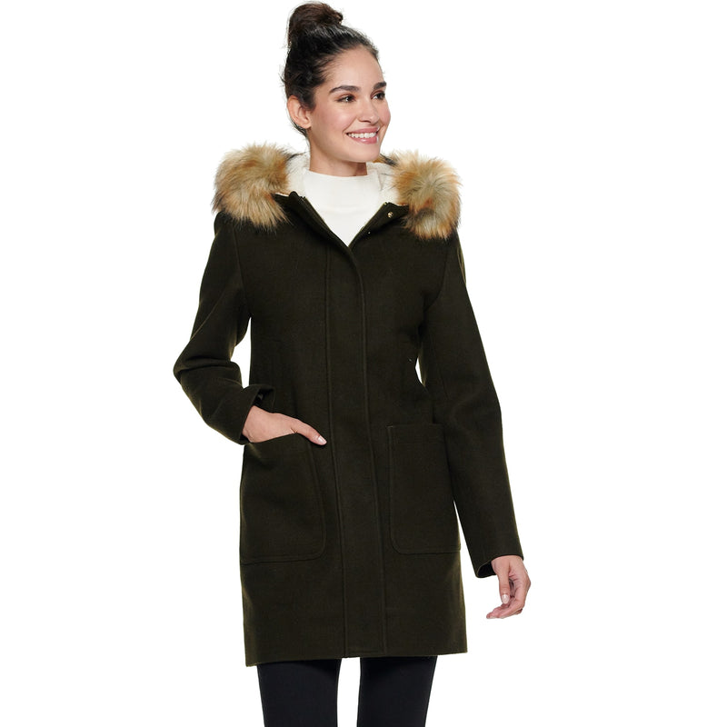 Women's Nine West Hooded Faux-Fur Trim Wool Blend Coat