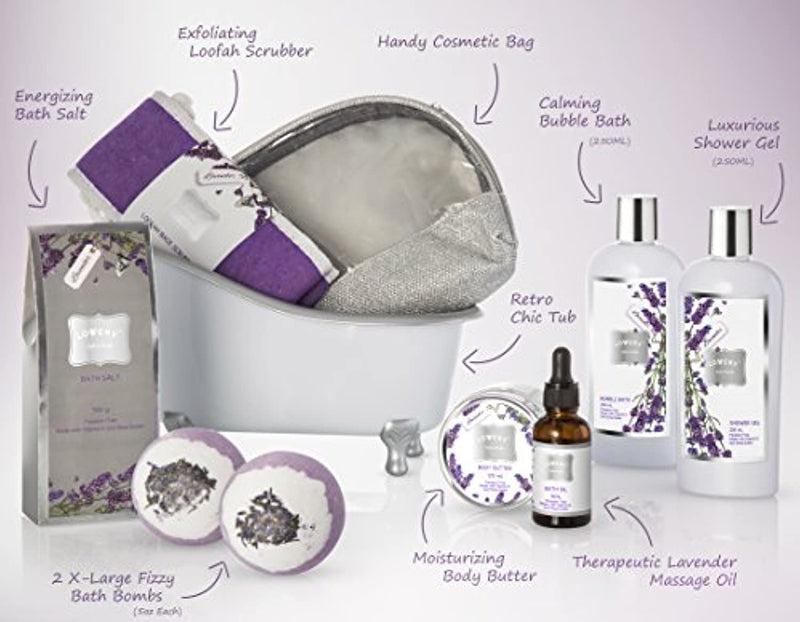 Relaxing at Home Spa Kit Scented with Lavender and Jasmine - Includes Large Bath Bombs, Salts, Shower Gel, Body Butter Lotion, Bath Oil, Bubble Bath, Loofah and More