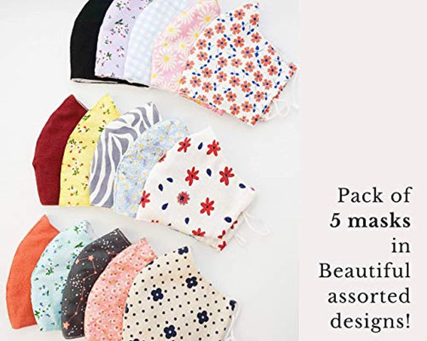 Stylish Cotton Face Mask with Filter Pocket, Handmade Floral Plaid design facemasks for women, washable reusable 3 layers, Ready to SHIP, Pack of 5
