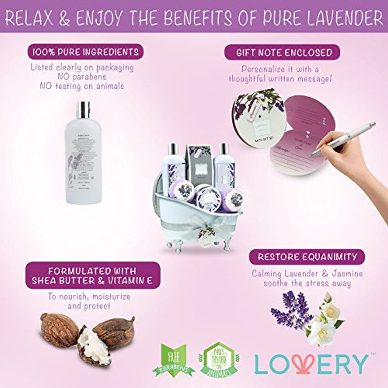 Relaxing at Home Spa Kit Scented with Lavender and Jasmine - Includes Large Bath Bombs, Salts, Shower Gel, Body Butter Lotion, Bath Oil, Bubble Bath, Loofah and More