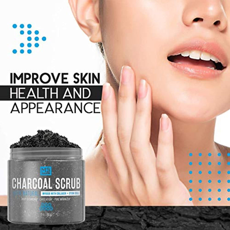 Charcoal Scrub Infused with Collagen and Stem Cell All Natural Exfoliating Body and Face Polish for Acne Cellulite Dead Skin Scars Wrinkles Cleansing Exfoliator