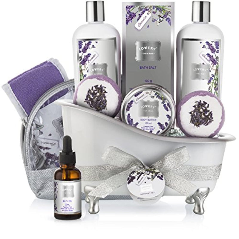 Relaxing at Home Spa Kit Scented with Lavender and Jasmine - Includes Large Bath Bombs, Salts, Shower Gel, Body Butter Lotion, Bath Oil, Bubble Bath, Loofah and More
