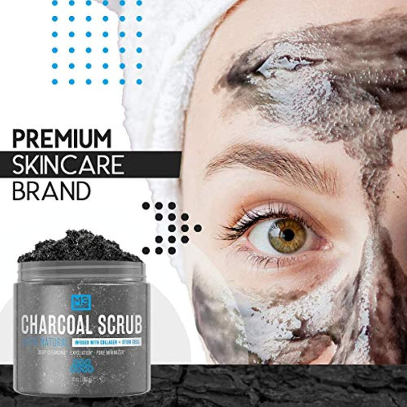 Charcoal Scrub Infused with Collagen and Stem Cell All Natural Exfoliating Body and Face Polish for Acne Cellulite Dead Skin Scars Wrinkles Cleansing Exfoliator