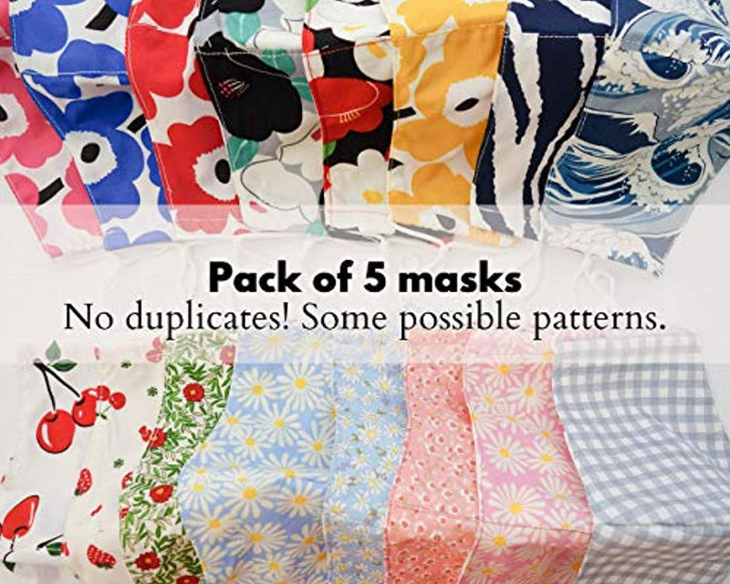 Stylish Cotton Face Mask with Filter Pocket, Handmade Floral Plaid design facemasks for women, washable reusable 3 layers, Ready to SHIP, Pack of 5