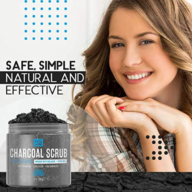 Charcoal Scrub Infused with Collagen and Stem Cell All Natural Exfoliating Body and Face Polish for Acne Cellulite Dead Skin Scars Wrinkles Cleansing Exfoliator