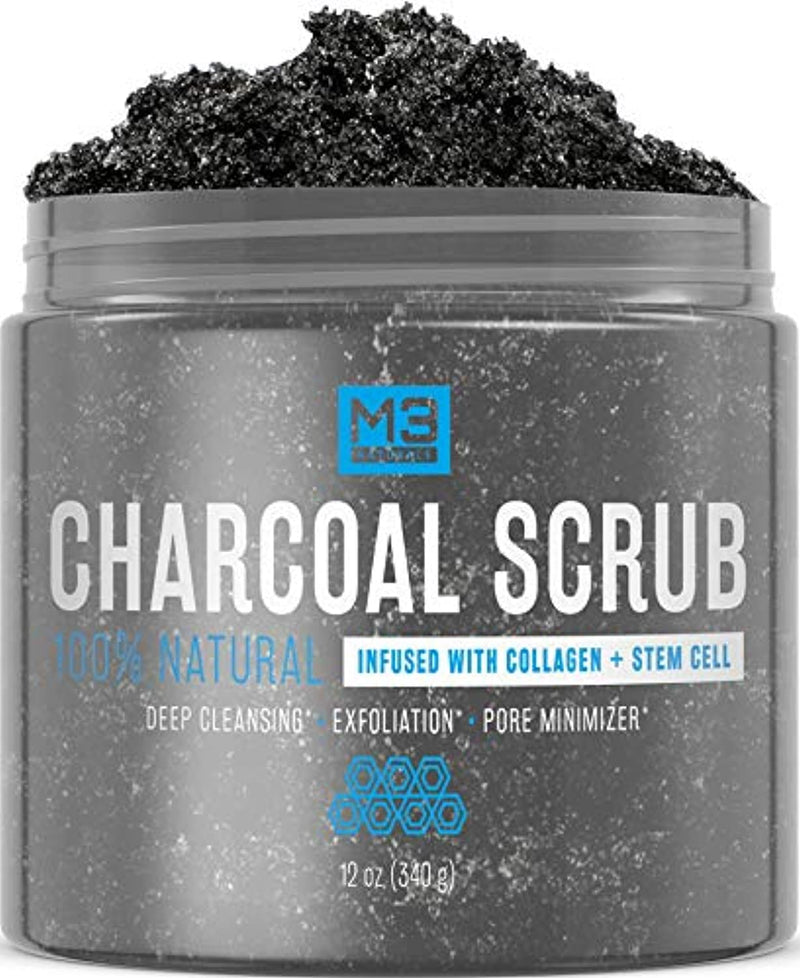 Charcoal Scrub Infused with Collagen and Stem Cell All Natural Exfoliating Body and Face Polish for Acne Cellulite Dead Skin Scars Wrinkles Cleansing Exfoliator