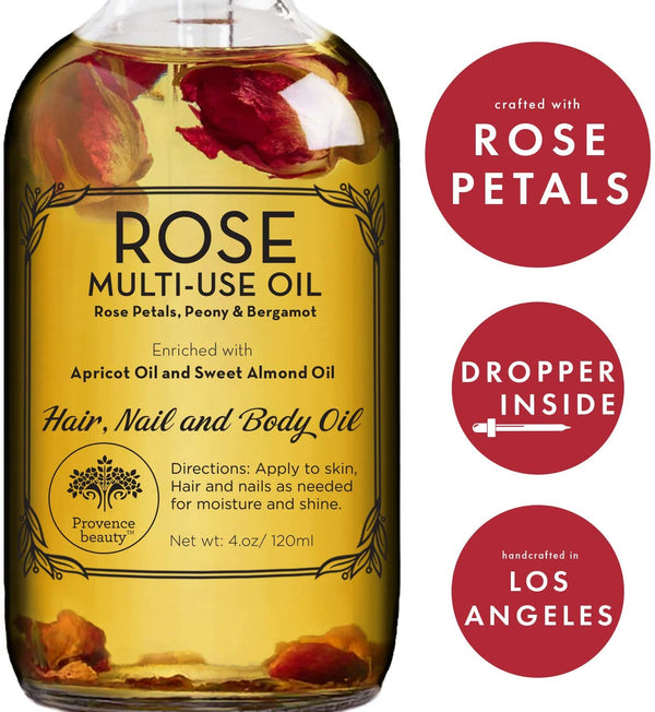 Rose Multi-Use Oil for Face, Body and Hair - Organic Blend of Apricot, Vitamin E and Sweet Almond Oil Moisturizer for Dry Skin