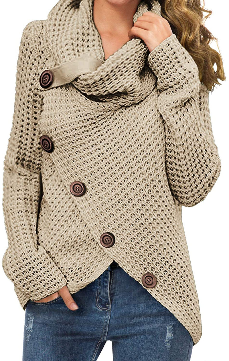 Women's chunky turtle cowl neck asymmetric hem best sale wrap sweater coat with button details