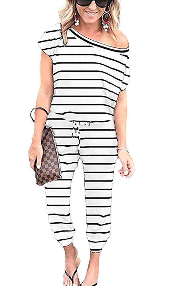 Women's Jumpsuits - Off Shoulder Short Sleeve Elastic Waist Romper  with Pockets