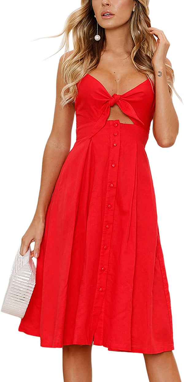 Spaghetti Strap Button Down A-Line Backless Swing Dress