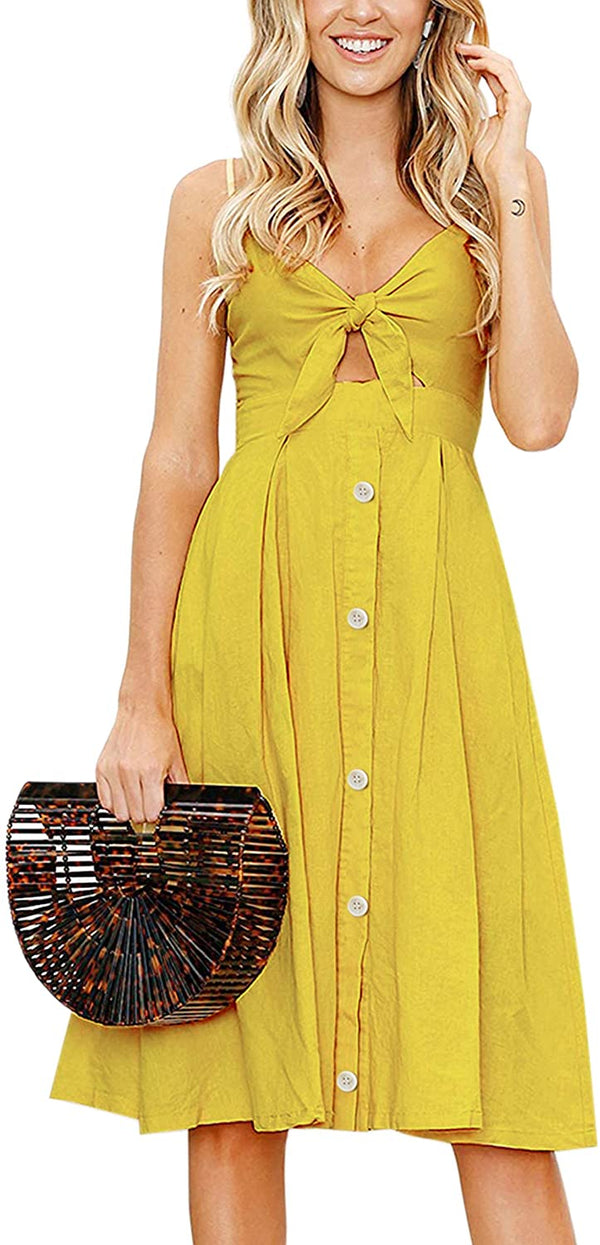 Spaghetti Strap Button Down A-Line Backless Swing Dress