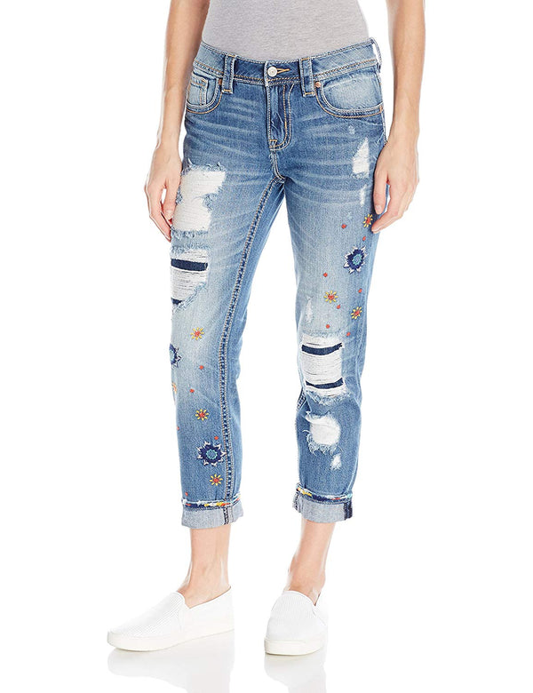 Miss Me Women's Embroidered Ankle Boyffriend Denim Jean