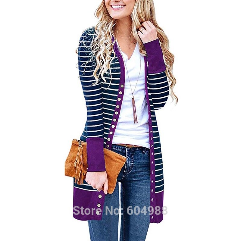 Open Front Stripe Snap Button Down Knit Cardigans
