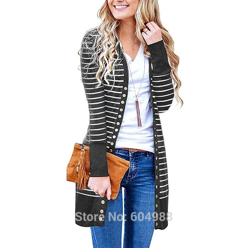 Open Front Stripe Snap Button Down Knit Cardigans