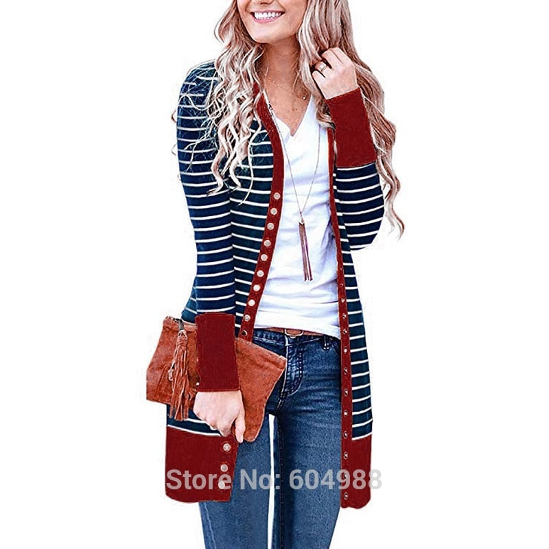 Open Front Stripe Snap Button Down Knit Cardigans